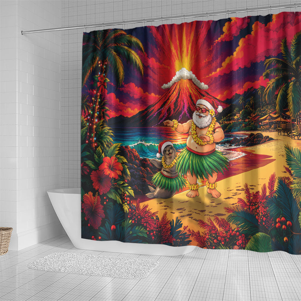 Hawaii Volcano Christmas Shower Curtain Hula Santa And Monk Seal LT05 - Polynesian Pride