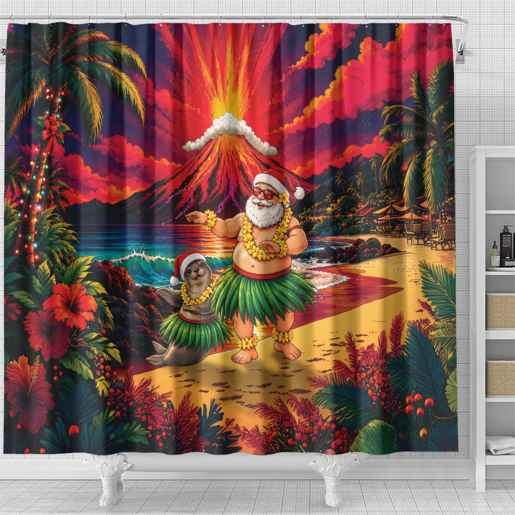 Hawaii Volcano Christmas Shower Curtain Hula Santa And Monk Seal LT05 - Polynesian Pride