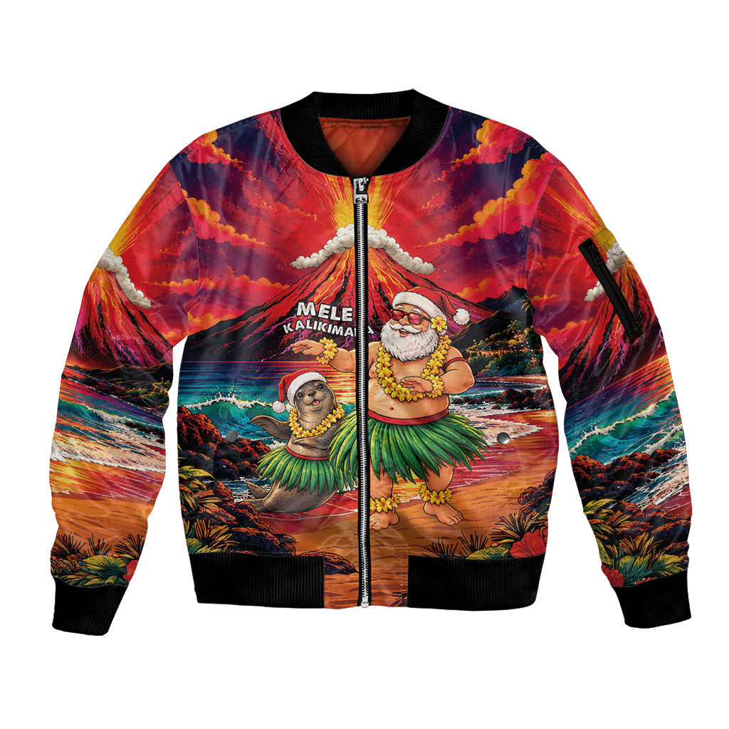 Hawaii Volcano Christmas Sleeve Zip Bomber Jacket Hula Santa And Monk Seal
