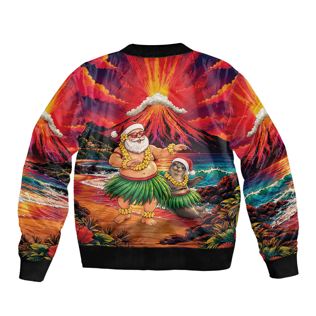 Hawaii Volcano Christmas Sleeve Zip Bomber Jacket Hula Santa And Monk Seal