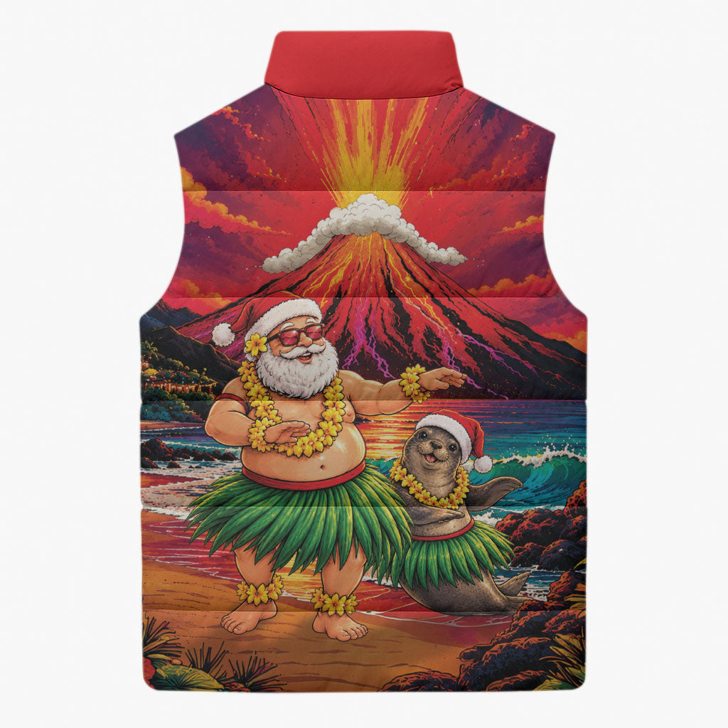 Hawaii Volcano Christmas Sleeveless Puffer Jacket Hula Santa And Monk Seal LT05 - Polynesian Pride