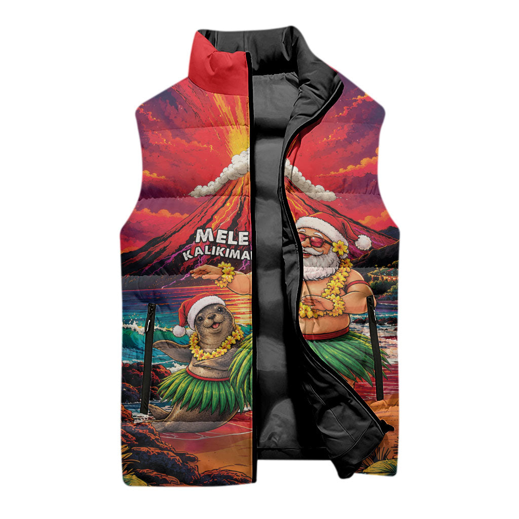 Hawaii Volcano Christmas Sleeveless Puffer Jacket Hula Santa And Monk Seal LT05 - Polynesian Pride