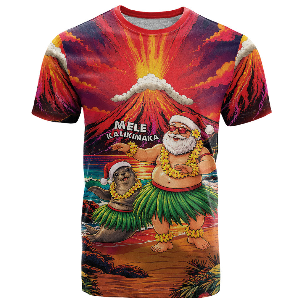 Hawaii Volcano Christmas T Shirt Hula Santa And Monk Seal LT05 Multicolor - Polynesian Pride