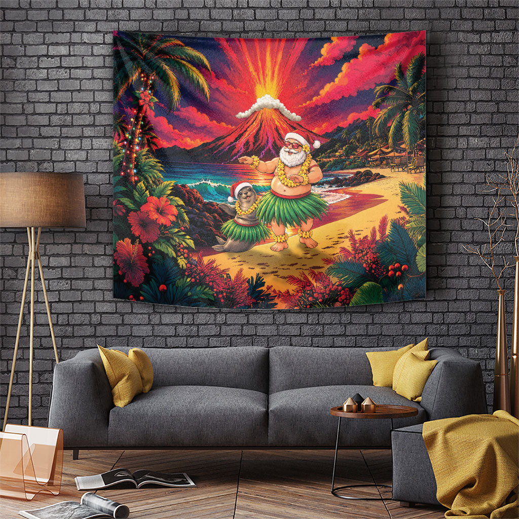 Hawaii Volcano Christmas Tapestry Hula Santa And Monk Seal
