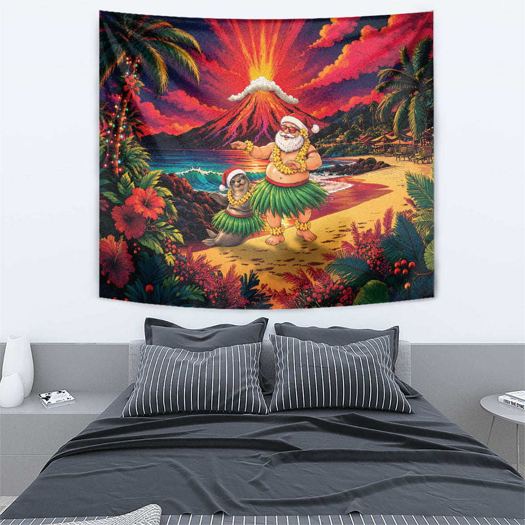 Hawaii Volcano Christmas Tapestry Hula Santa And Monk Seal
