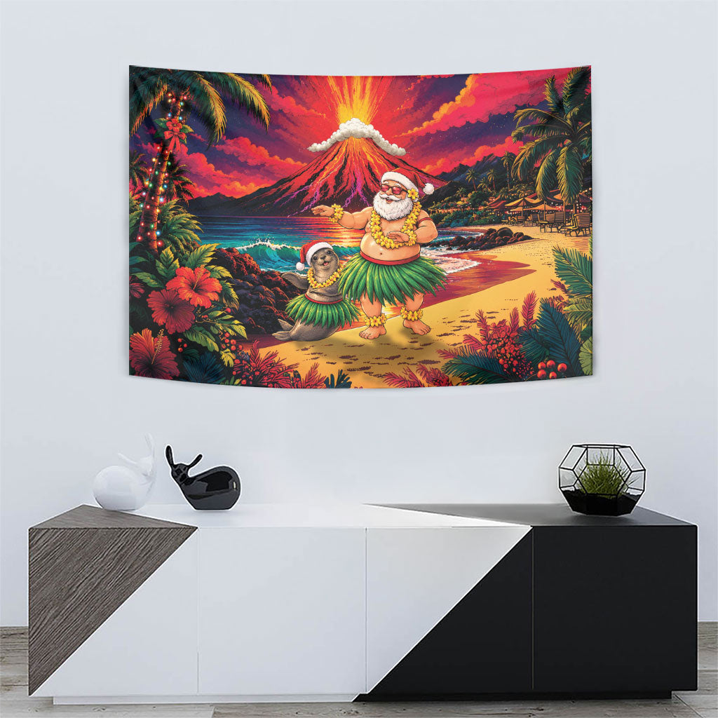 Hawaii Volcano Christmas Tapestry Hula Santa And Monk Seal