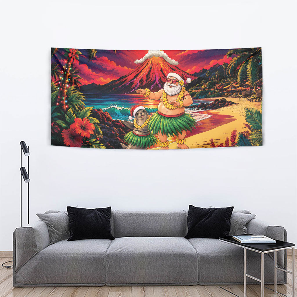 Hawaii Volcano Christmas Tapestry Hula Santa And Monk Seal