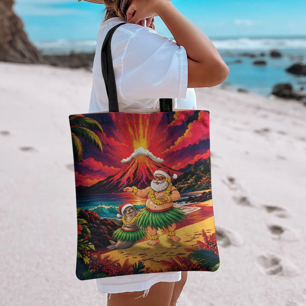 Hawaii Volcano Christmas Tote Bag Hula Santa And Monk Seal LT05 - Polynesian Pride