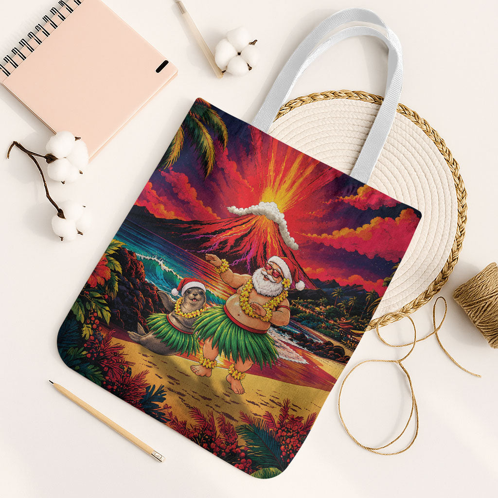 Hawaii Volcano Christmas Tote Bag Hula Santa And Monk Seal LT05 White Strap One Size Multicolor - Polynesian Pride