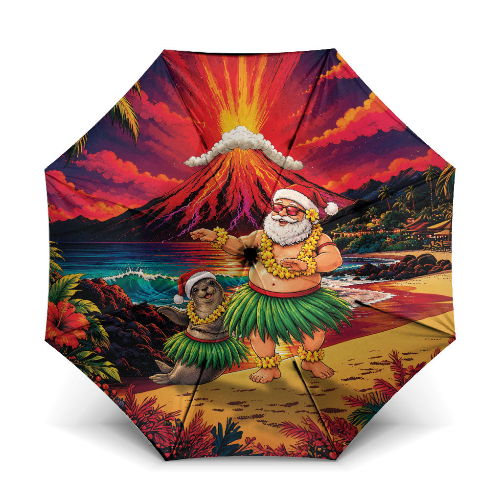 Hawaii Volcano Christmas Umbrella Hula Santa And Monk Seal LT05 One Size Folded 11.42 inch Opened Diameter 37.4 inch Multicolor - Polynesian Pride