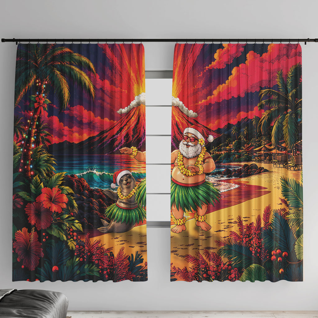 Hawaii Volcano Christmas Window Curtain Hula Santa And Monk Seal LT05 With Hooks Multicolor - Polynesian Pride