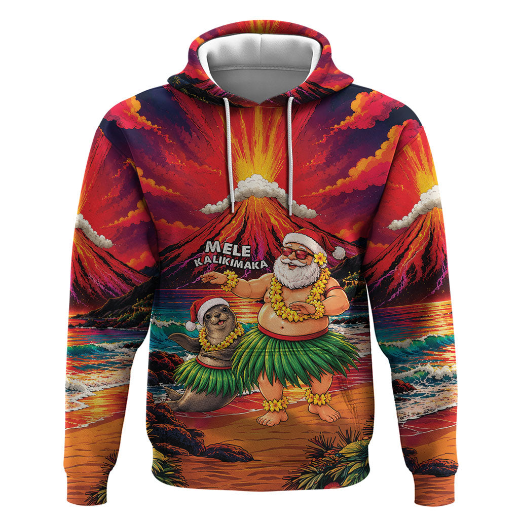 Hawaii Volcano Christmas Zip Hoodie Hula Santa And Monk Seal LT05 Pullover Hoodie Multicolor - Polynesian Pride