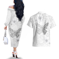 Lung Cancer Awareness Couples Matching Off The Shoulder Long Sleeve Dress and Hawaiian Shirt Never Give Up Polynesian Style LT05 - Polynesian Pride