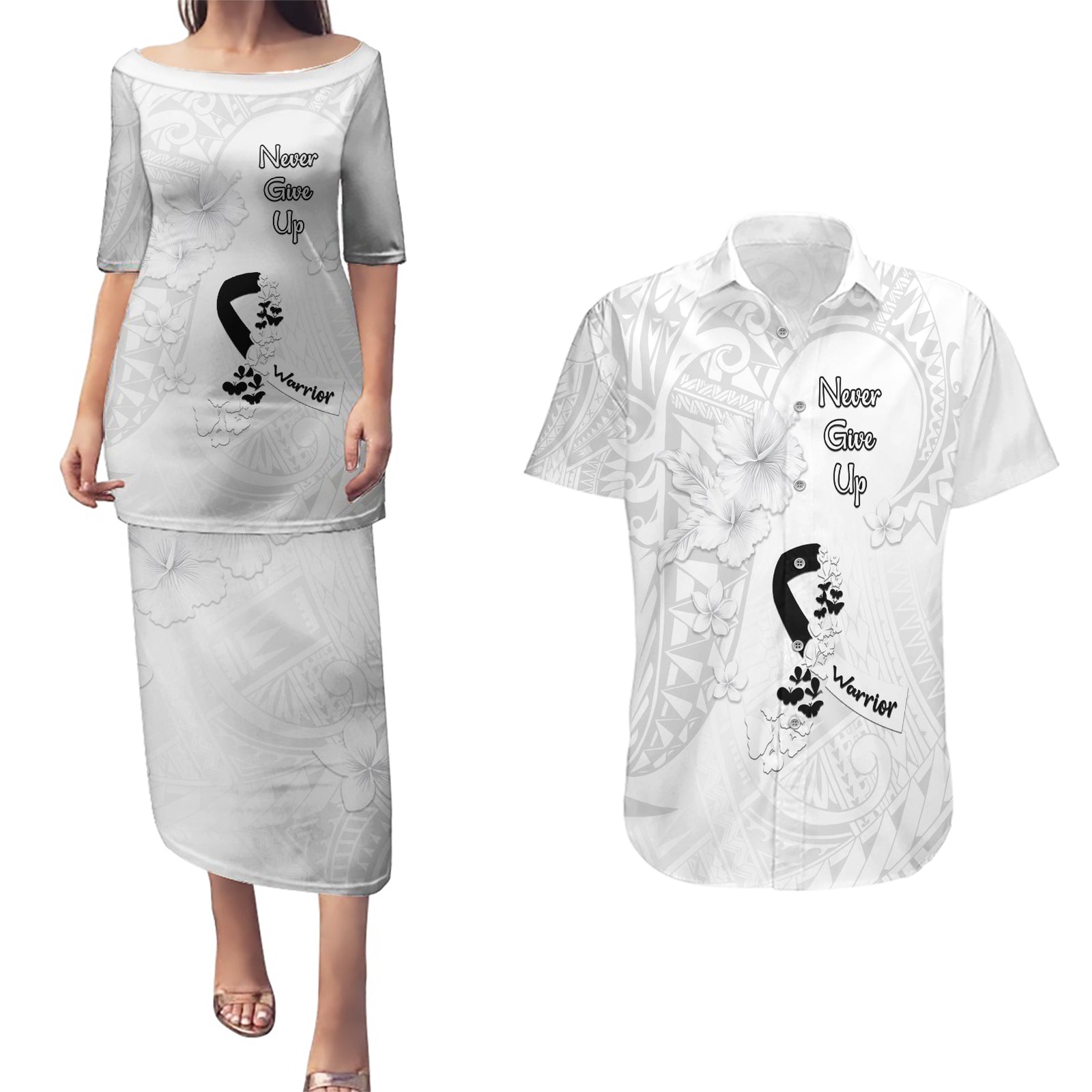 Lung Cancer Awareness Couples Matching Puletasi Dress and Hawaiian Shirt Never Give Up Polynesian Style LT05 White - Polynesian Pride