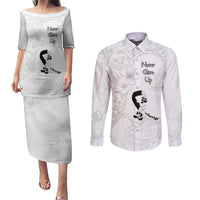Lung Cancer Awareness Couples Matching Puletasi Dress and Long Sleeve Button Shirt Never Give Up Polynesian Style LT05 White - Polynesian Pride