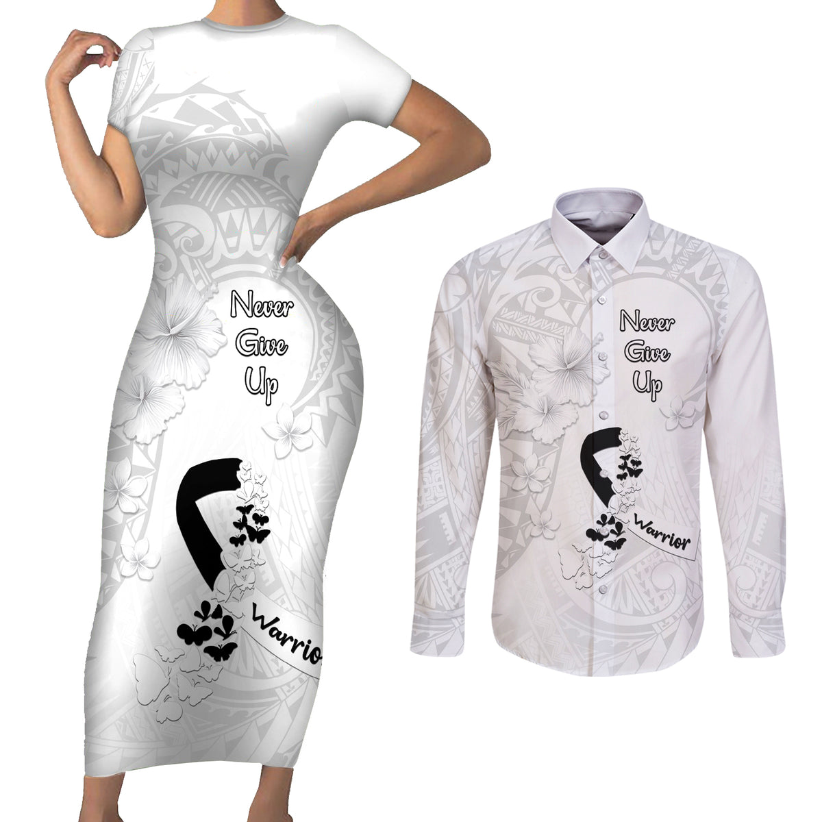 Lung Cancer Awareness Couples Matching Short Sleeve Bodycon Dress and Long Sleeve Button Shirt Never Give Up Polynesian Style LT05 White - Polynesian Pride