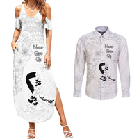 Lung Cancer Awareness Couples Matching Summer Maxi Dress and Long Sleeve Button Shirt Never Give Up Polynesian Style LT05 White - Polynesian Pride