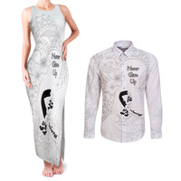 Lung Cancer Awareness Couples Matching Tank Maxi Dress and Long Sleeve Button Shirt Never Give Up Polynesian Style LT05 White - Polynesian Pride