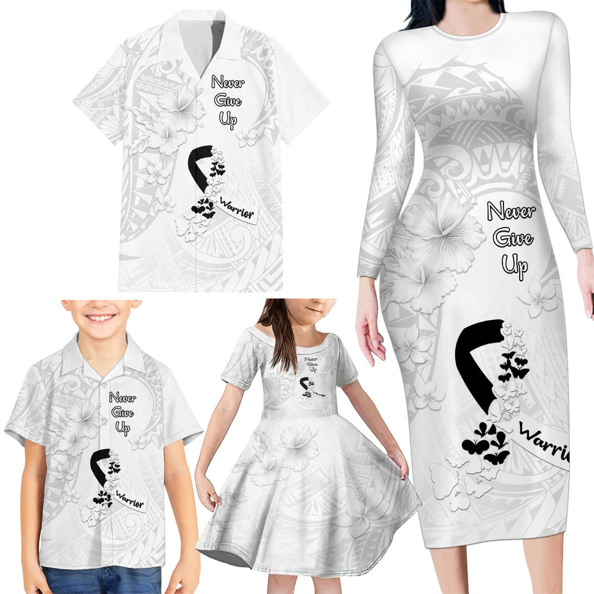 Lung Cancer Awareness Family Matching Long Sleeve Bodycon Dress and Hawaiian Shirt Never Give Up Polynesian Style LT05 - Polynesian Pride