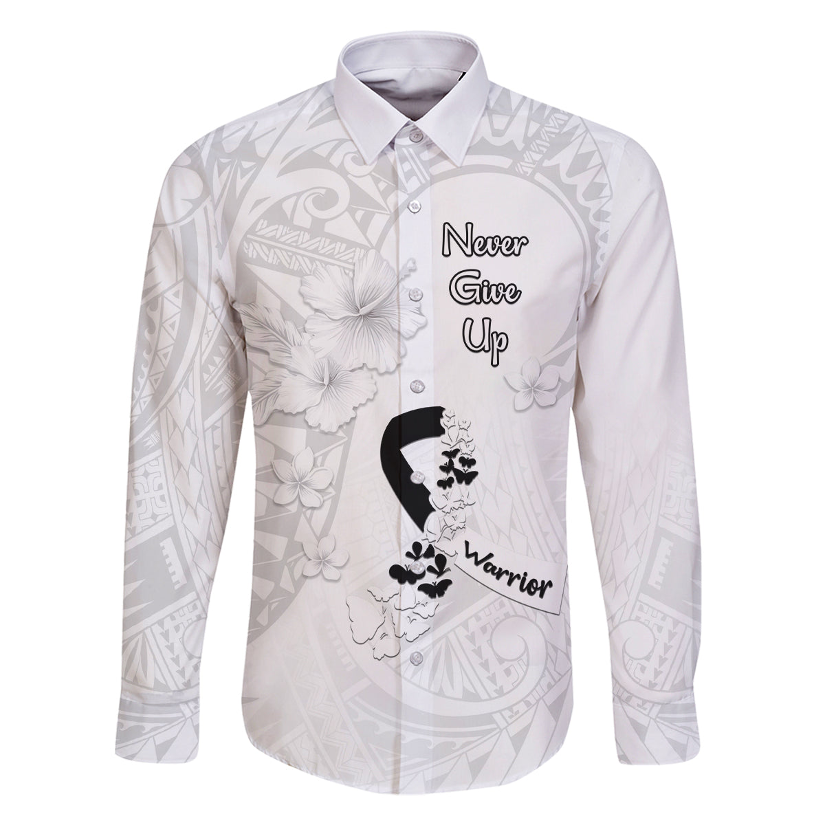 Lung Cancer Awareness Family Matching Long Sleeve Bodycon Dress and Hawaiian Shirt Never Give Up Polynesian Style LT05 Dad's Shirt - Long Sleeve White - Polynesian Pride