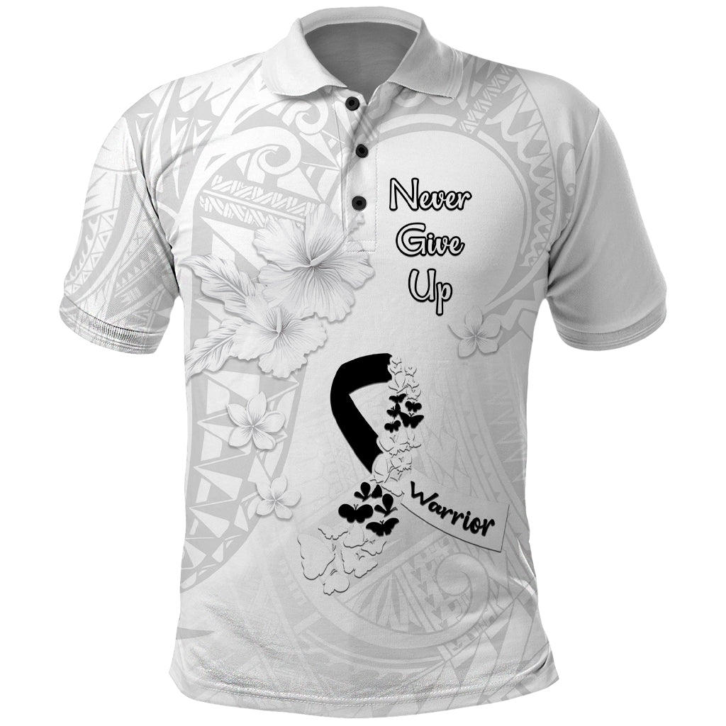 Lung Cancer Awareness Polo Shirt Never Give Up Polynesian Style LT05 White - Polynesian Pride