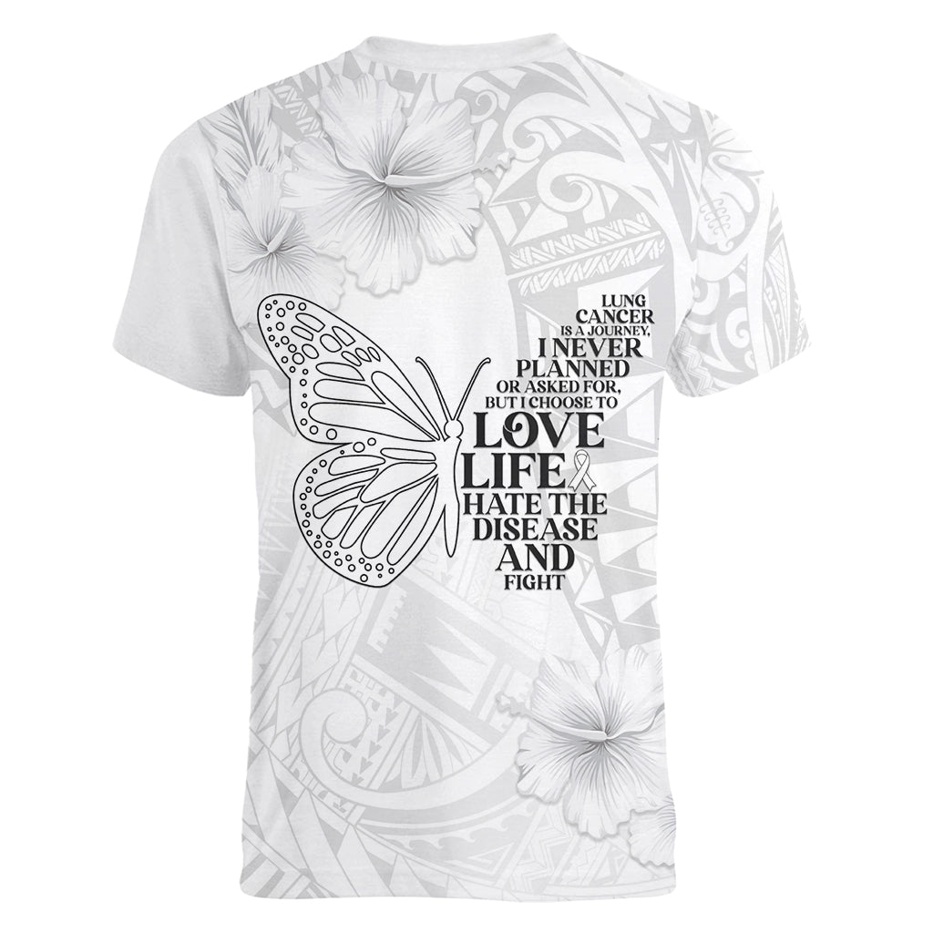 Lung Cancer Awareness Women V Neck T Shirt Never Give Up Polynesian Style LT05 - Polynesian Pride