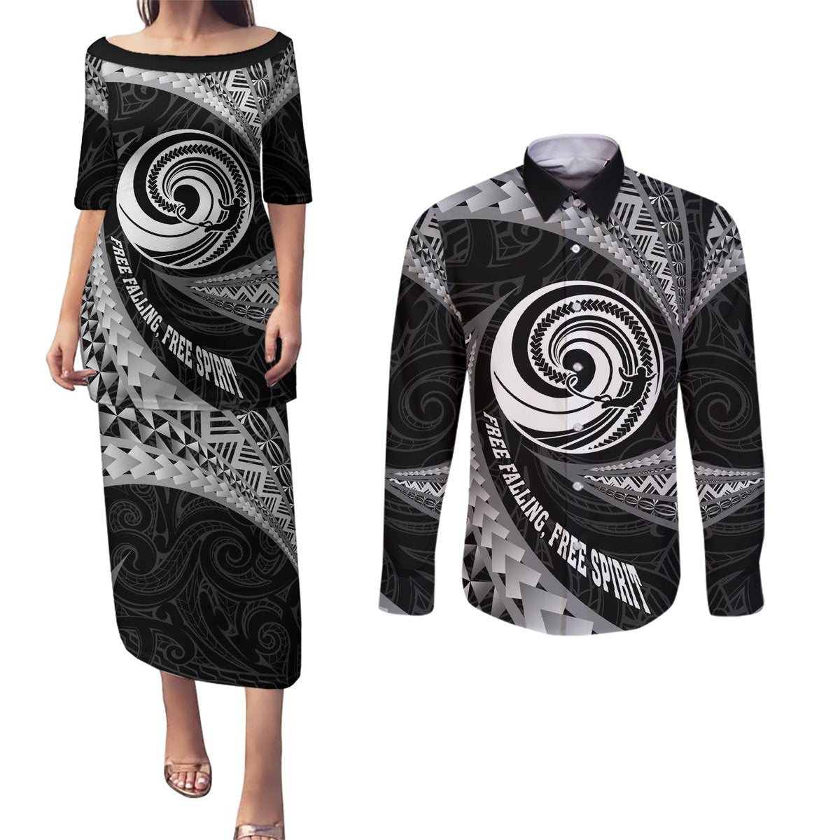 Personalised New Zealand Bungy Jumping Couples Matching Puletasi Dress and Long Sleeve Button Shirt Maori Pattern LT05 Black - Polynesian Pride