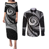 Personalised New Zealand Bungy Jumping Couples Matching Puletasi Dress and Long Sleeve Button Shirt Maori Pattern LT05 Black - Polynesian Pride