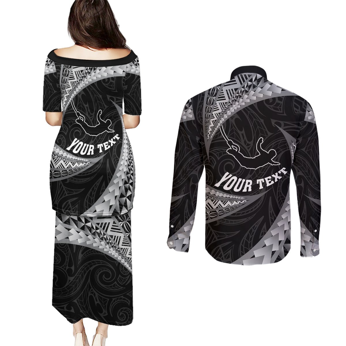 Personalised New Zealand Bungy Jumping Couples Matching Puletasi Dress and Long Sleeve Button Shirt Maori Pattern LT05 - Polynesian Pride