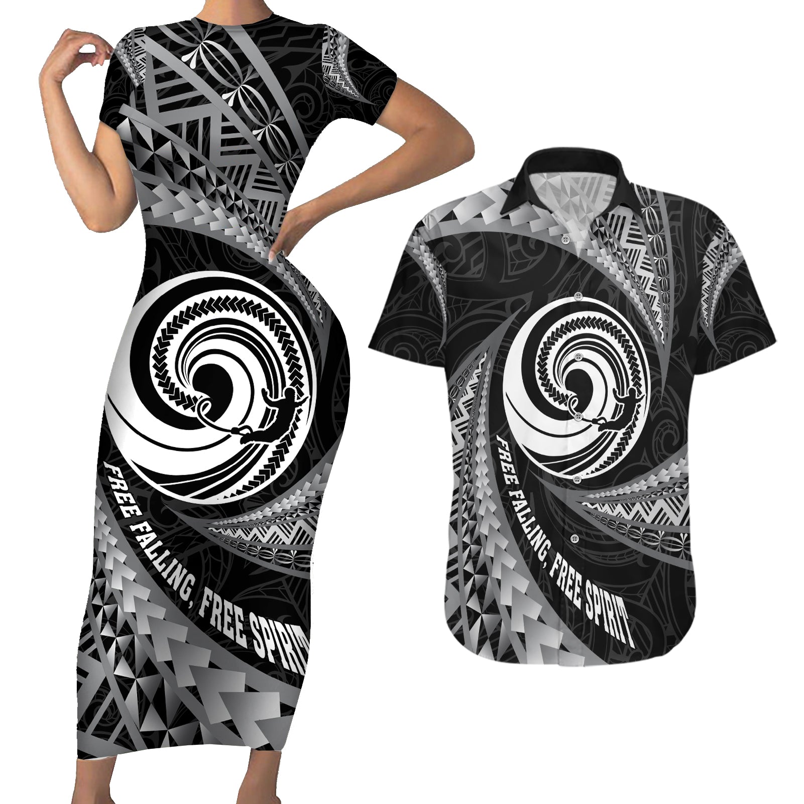 Personalised New Zealand Bungy Jumping Couples Matching Short Sleeve Bodycon Dress and Hawaiian Shirt Maori Pattern LT05 Black - Polynesian Pride