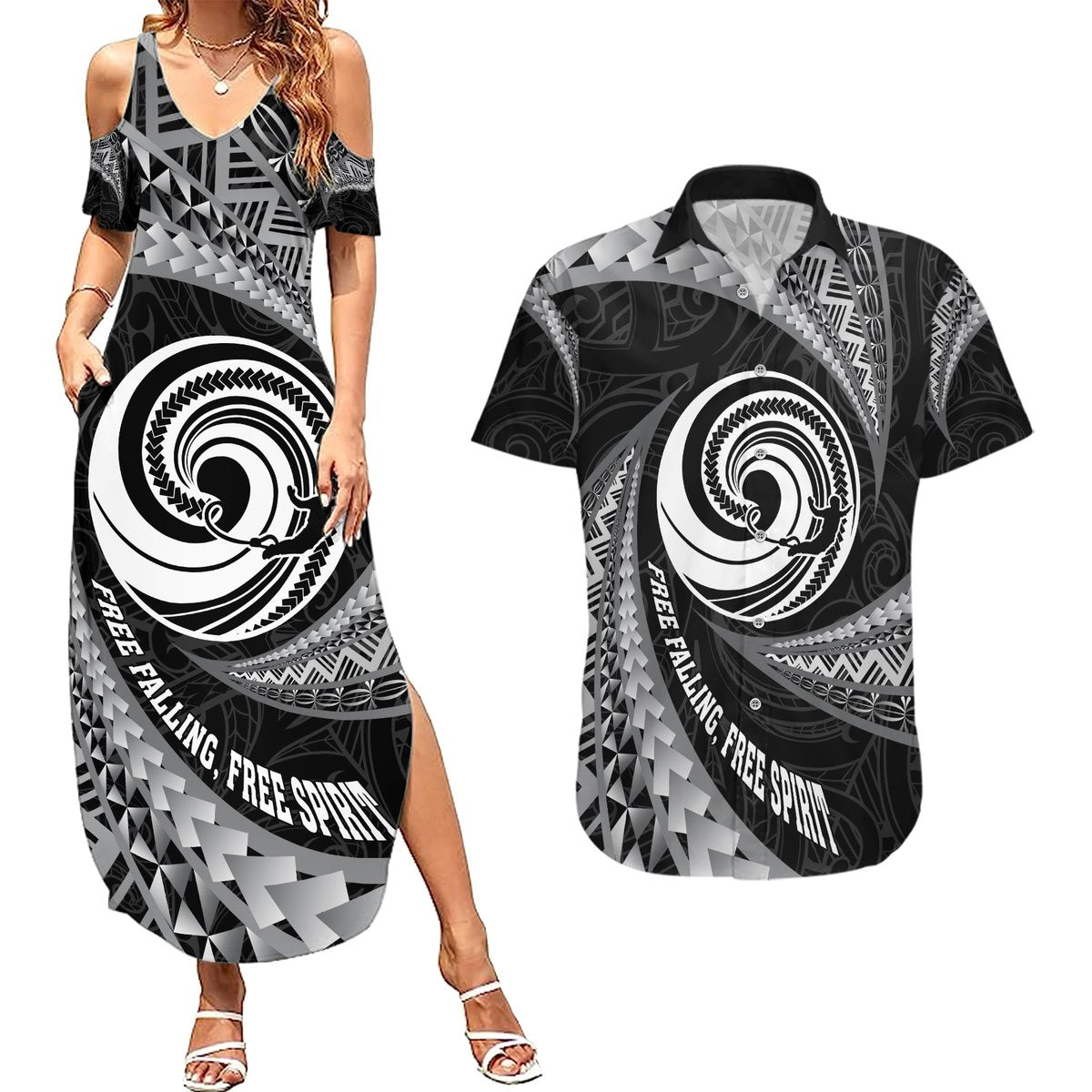 Personalised New Zealand Bungy Jumping Couples Matching Summer Maxi Dress and Hawaiian Shirt Maori Pattern LT05 Black - Polynesian Pride