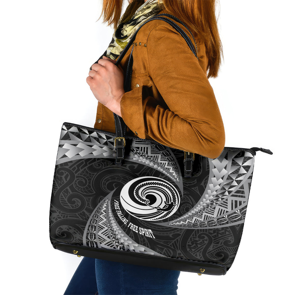 New Zealand Bungy Jumping Leather Tote Bag Maori Pattern LT05 Black - Polynesian Pride