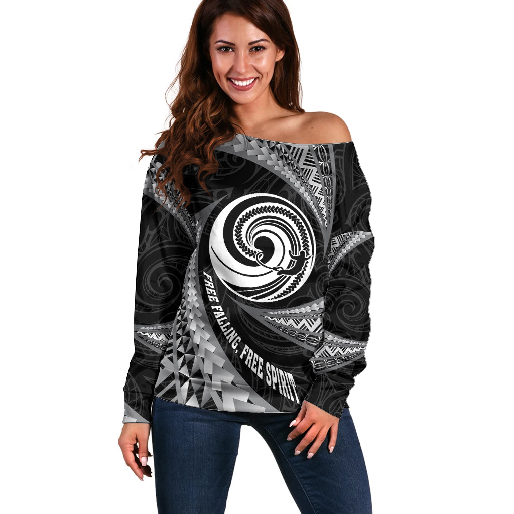 Personalised New Zealand Bungy Jumping Off Shoulder Sweater Maori Pattern LT05 Women Black - Polynesian Pride