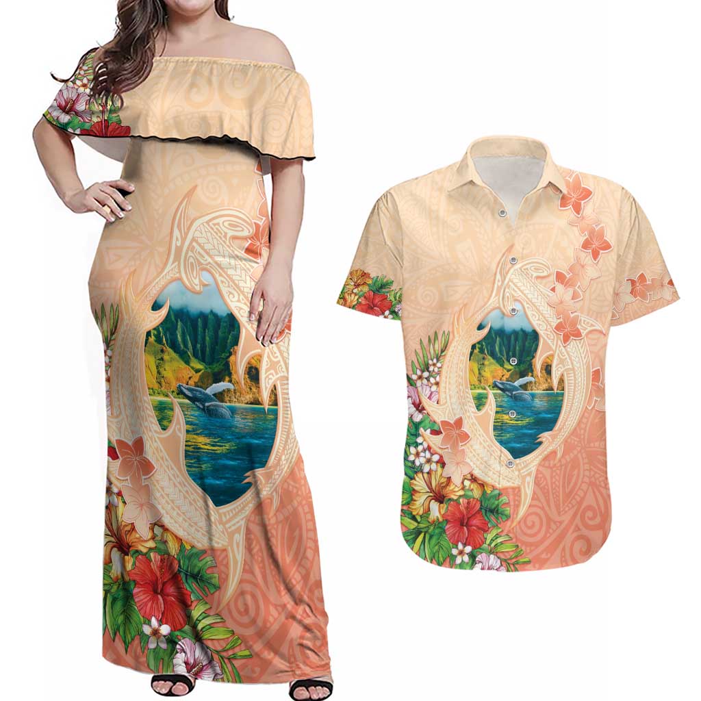 Hawaii Kauai Na Pali Coast Landscape Couples Matching Off Shoulder Maxi Dress and Hawaiian Shirt