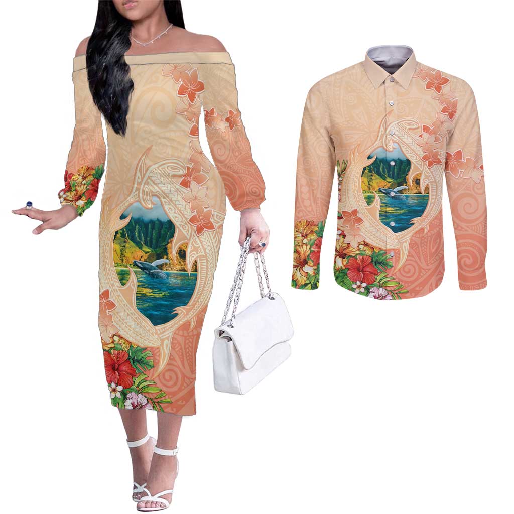 Hawaii Kauai Na Pali Coast Landscape Couples Matching Off The Shoulder Long Sleeve Dress and Long Sleeve Button Shirt