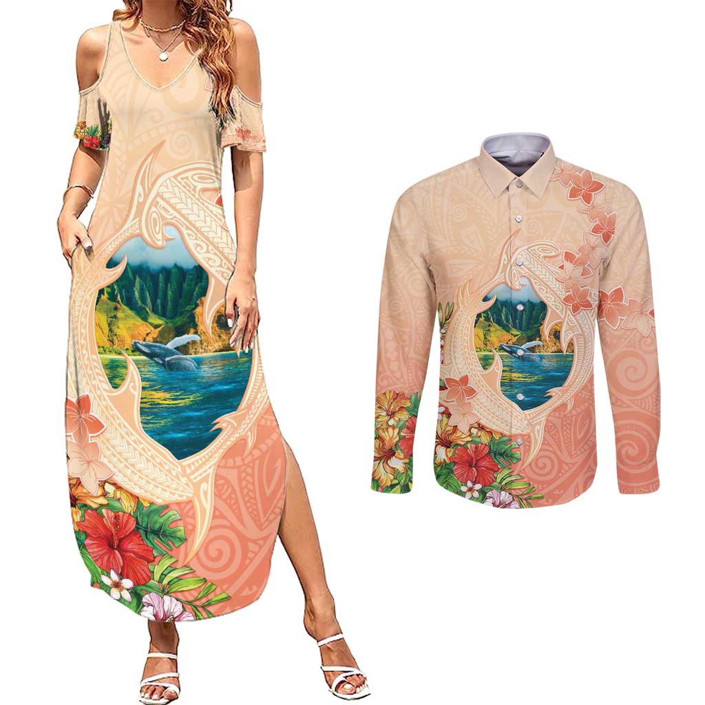 Hawaii Kauai Na Pali Coast Landscape Couples Matching Summer Maxi Dress and Long Sleeve Button Shirt