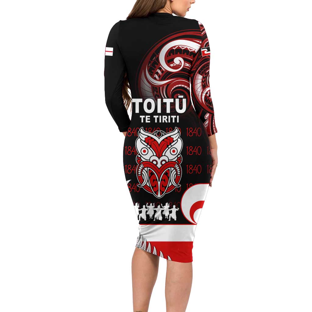Aotearoa Toitu He Whakaputanga Long Sleeve Bodycon Dress Toitu Te Tiriti O Waitangi LT05 - Polynesian Pride