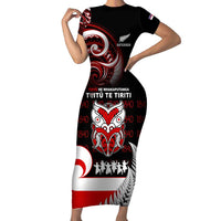 Aotearoa Toitu He Whakaputanga Short Sleeve Bodycon Dress Toitu Te Tiriti O Waitangi LT05 Long Dress Black - Polynesian Pride