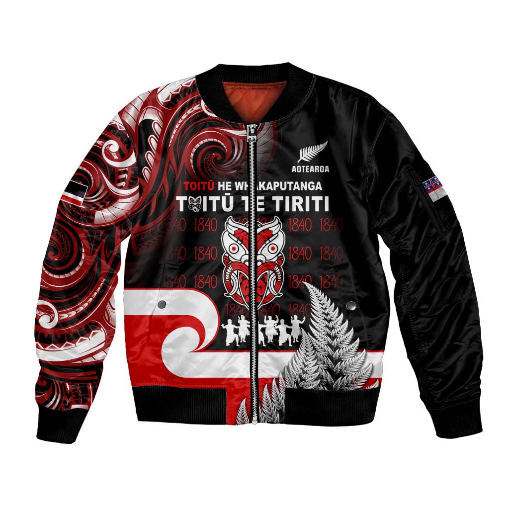 Aotearoa Toitu He Whakaputanga Sleeve Zip Bomber Jacket Toitu Te Tiriti O Waitangi LT05 Unisex Black - Polynesian Pride