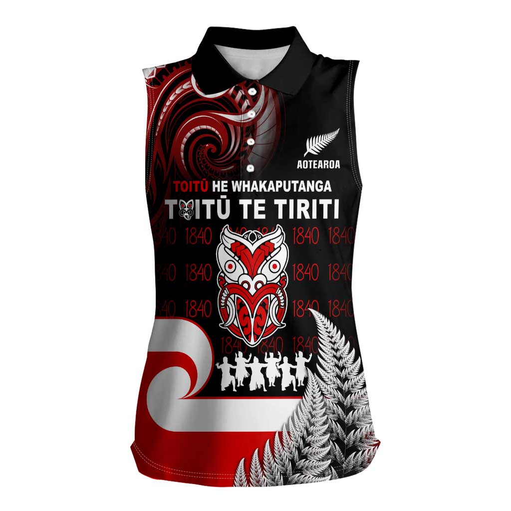 Aotearoa Toitu He Whakaputanga Women Sleeveless Polo Shirt Toitu Te Tiriti O Waitangi LT05 Female Black - Polynesian Pride