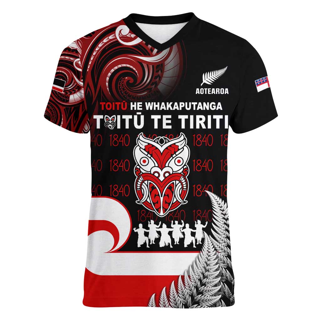 Aotearoa Toitu He Whakaputanga Women V-Neck T-Shirt Toitu Te Tiriti O Waitangi LT05 Female Black - Polynesian Pride