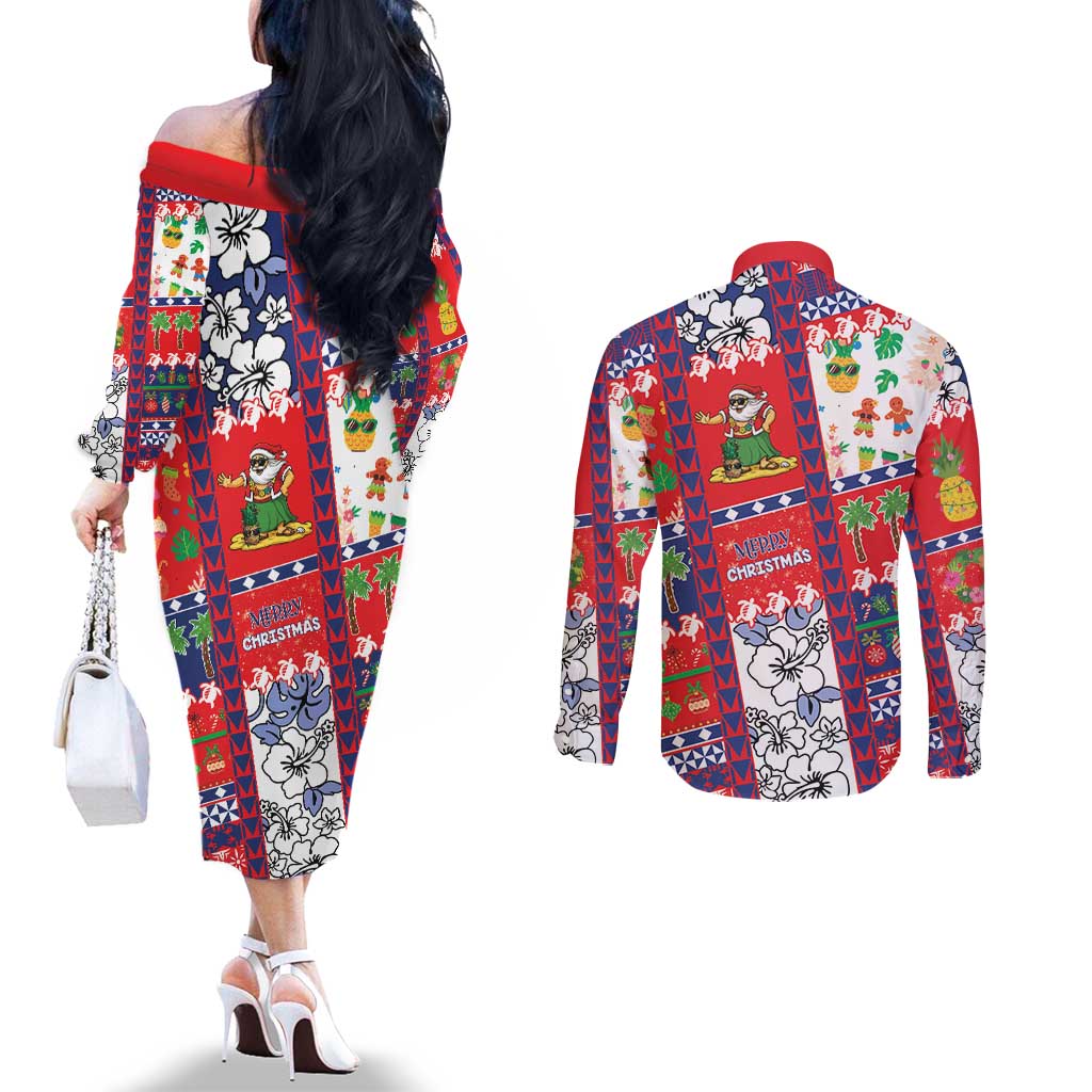 Wallis And Futuna Christmas Couples Matching Off The Shoulder Long Sleeve Dress and Long Sleeve Button Shirt Festive Beach Vibes - Polynesian Pride