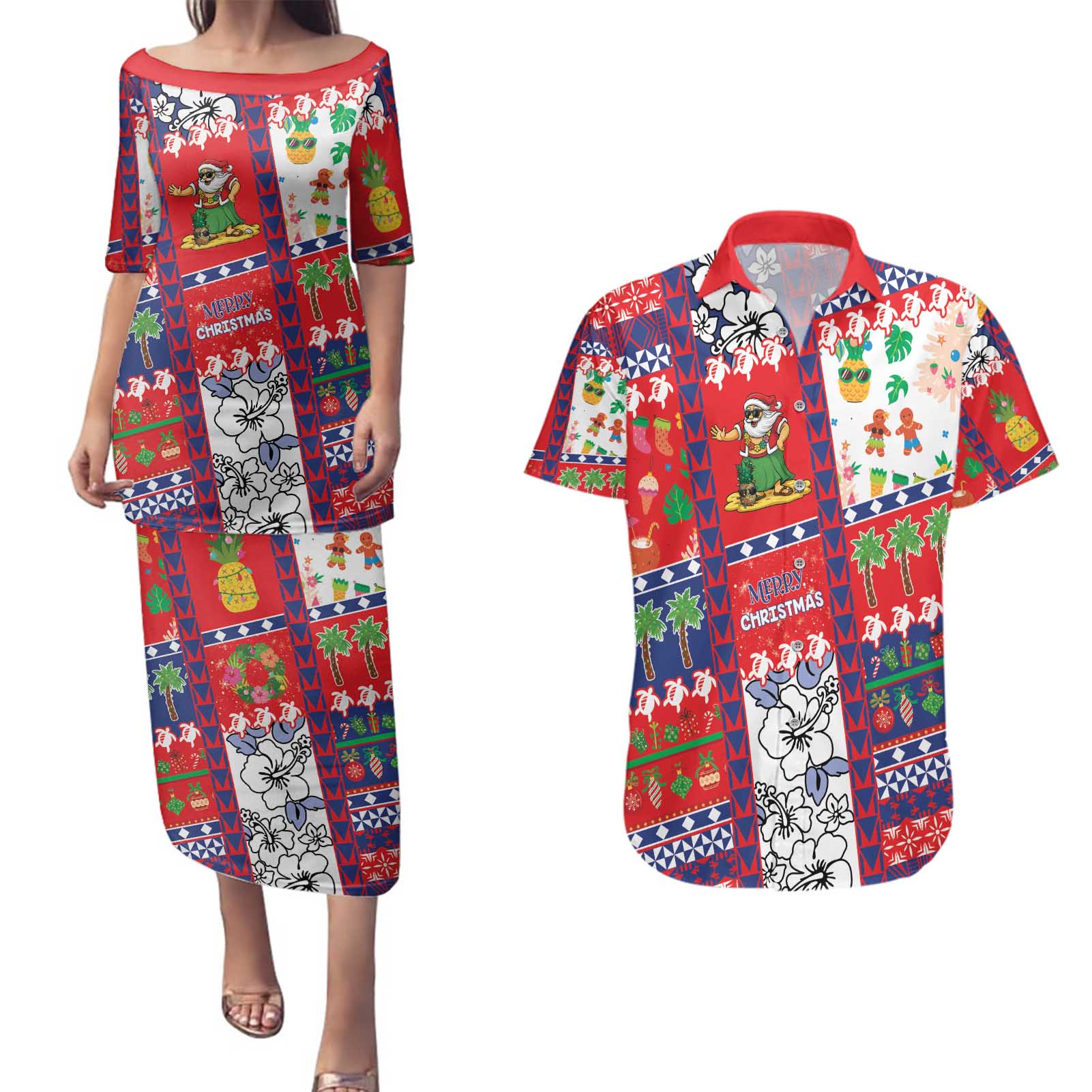 Wallis And Futuna Christmas Couples Matching Puletasi and Hawaiian Shirt Festive Beach Vibes - Polynesian Pride