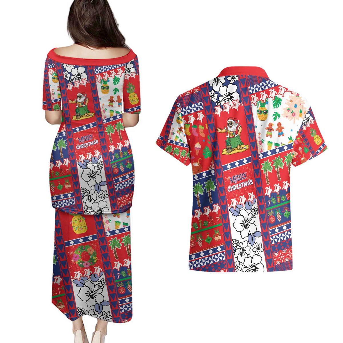 Wallis And Futuna Christmas Couples Matching Puletasi and Hawaiian Shirt Festive Beach Vibes - Polynesian Pride