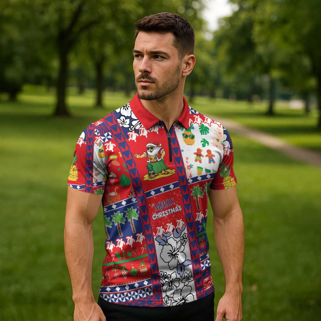 Wallis And Futuna Christmas Zipper Polo Shirt Festive Beach Vibes - Polynesian Pride