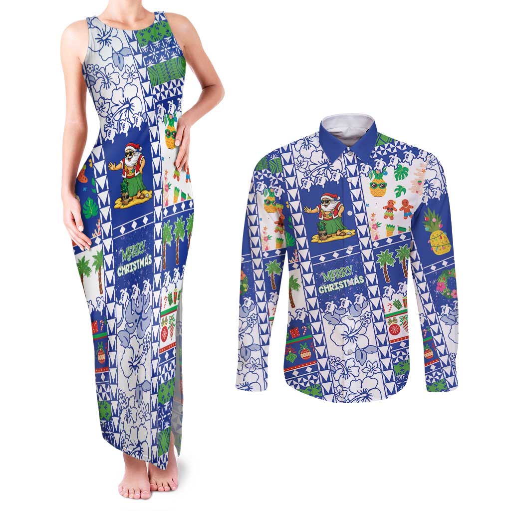 Northern Mariana Islands Christmas Couples Matching Tank Maxi Dress and Long Sleeve Button Shirt Festive Beach Vibes LT05 Blue - Polynesian Pride