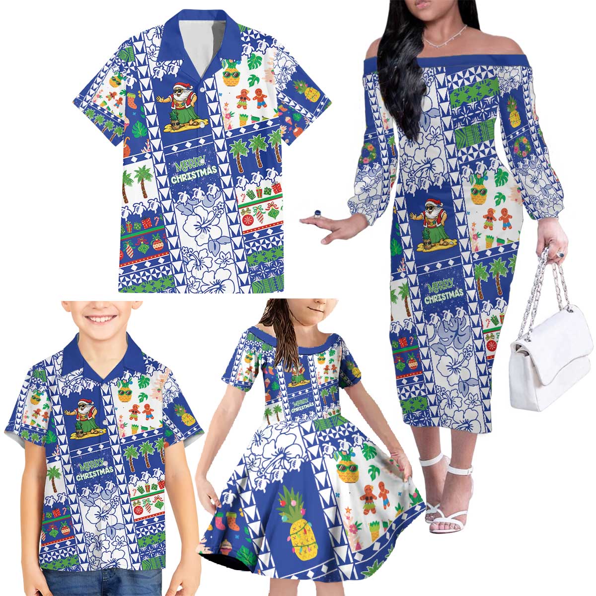 Northern Mariana Islands Christmas Family Matching Off The Shoulder Long Sleeve Dress and Hawaiian Shirt Festive Beach Vibes - Polynesian Pride