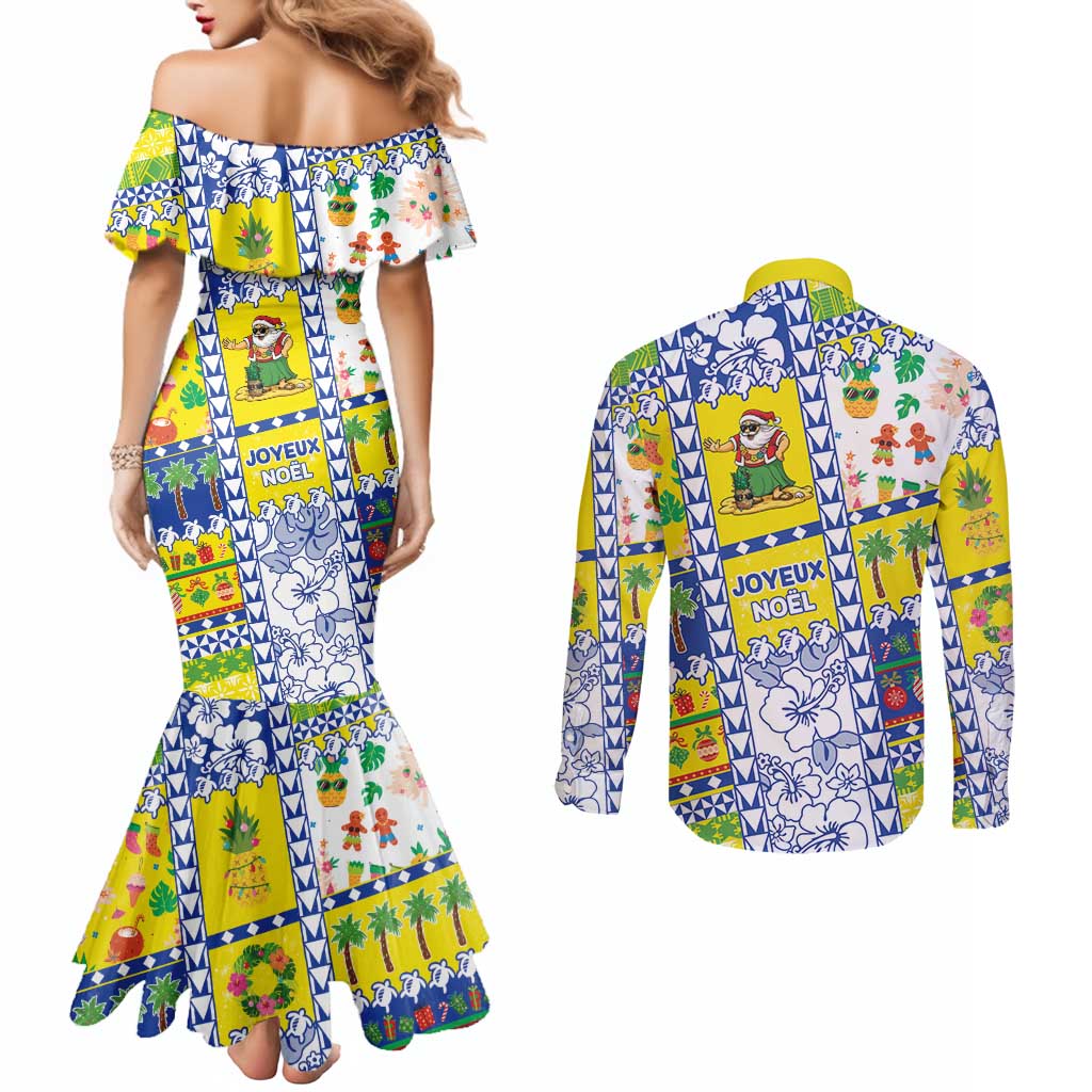 New Caledonia Christmas Couples Matching Mermaid Dress and Long Sleeve Button Shirt Festive Beach Vibes - Polynesian Pride