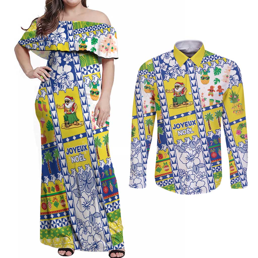 New Caledonia Christmas Couples Matching Off Shoulder Maxi Dress and Long Sleeve Button Shirt Festive Beach Vibes - Polynesian Pride