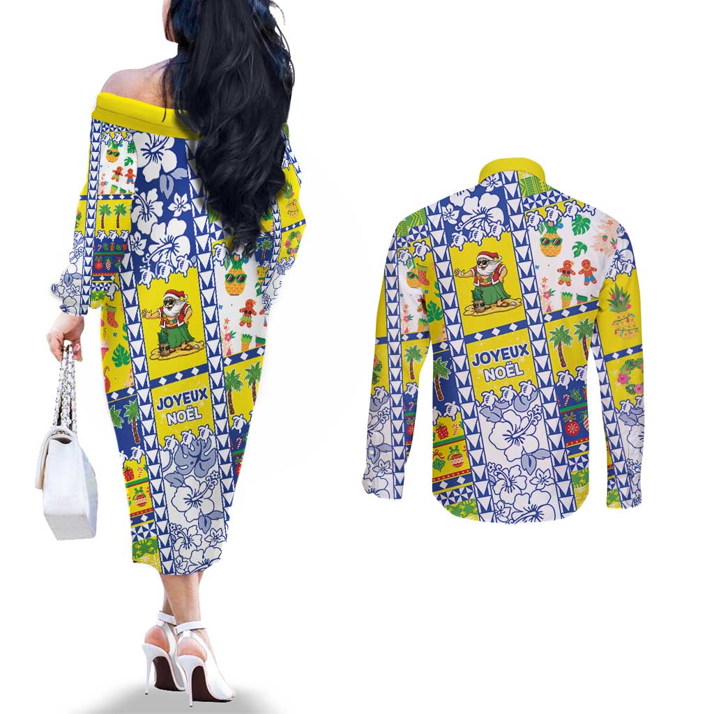 New Caledonia Christmas Couples Matching Off The Shoulder Long Sleeve Dress and Long Sleeve Button Shirt Festive Beach Vibes - Polynesian Pride